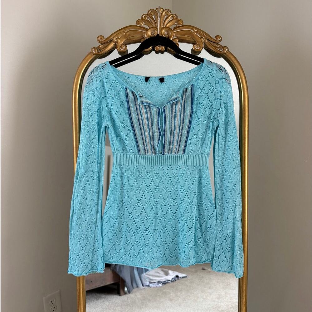 Rare Vintage Y2K Blue Knit/ Crochet Lace Style Babydoll Long Sleeve Shirt Top